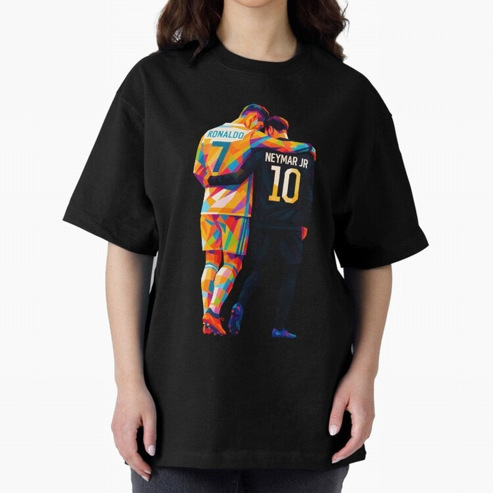 Cristiano Ronaldo & Neymar JR Wpap Art Oversized T-Shirt Celebrate Fan Culture around Match Day Hype around FIFA World Cup 2026 Group Stage, Messi, Neymar and Mbappe, Spain, Worldwide Fan Energy, Dramatic Goals, Stadium Lights and Championship