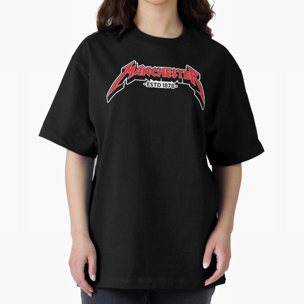 Manchester United Metal Font Oversized T-Shirt Experience the Global Stage of FIFA World Cup 2026 USA Canada Mexico Spirit, Filled with Spain and Netherlands, Messi and Cristiano Ronaldo, Supporter Pride, Iconic Celebrations, Legendary Names and