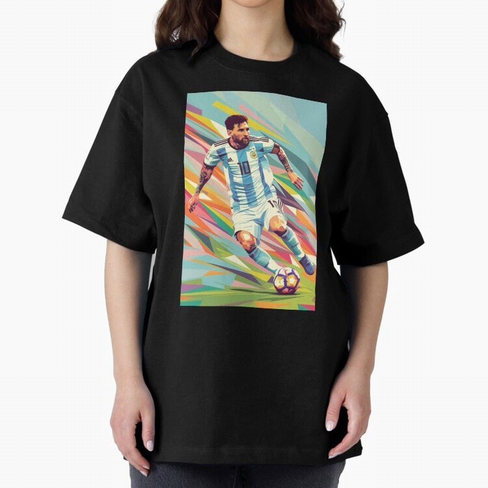 Messi in action Graphic poster design Oversized T-Shirt Remember Iconic Moments from Global Football Passion for FIFA World Cup 2026, Capturing CR7, Brazil, Portugal and Argentina, Soccer Culture, Superstar Moments, National Team Dreams and