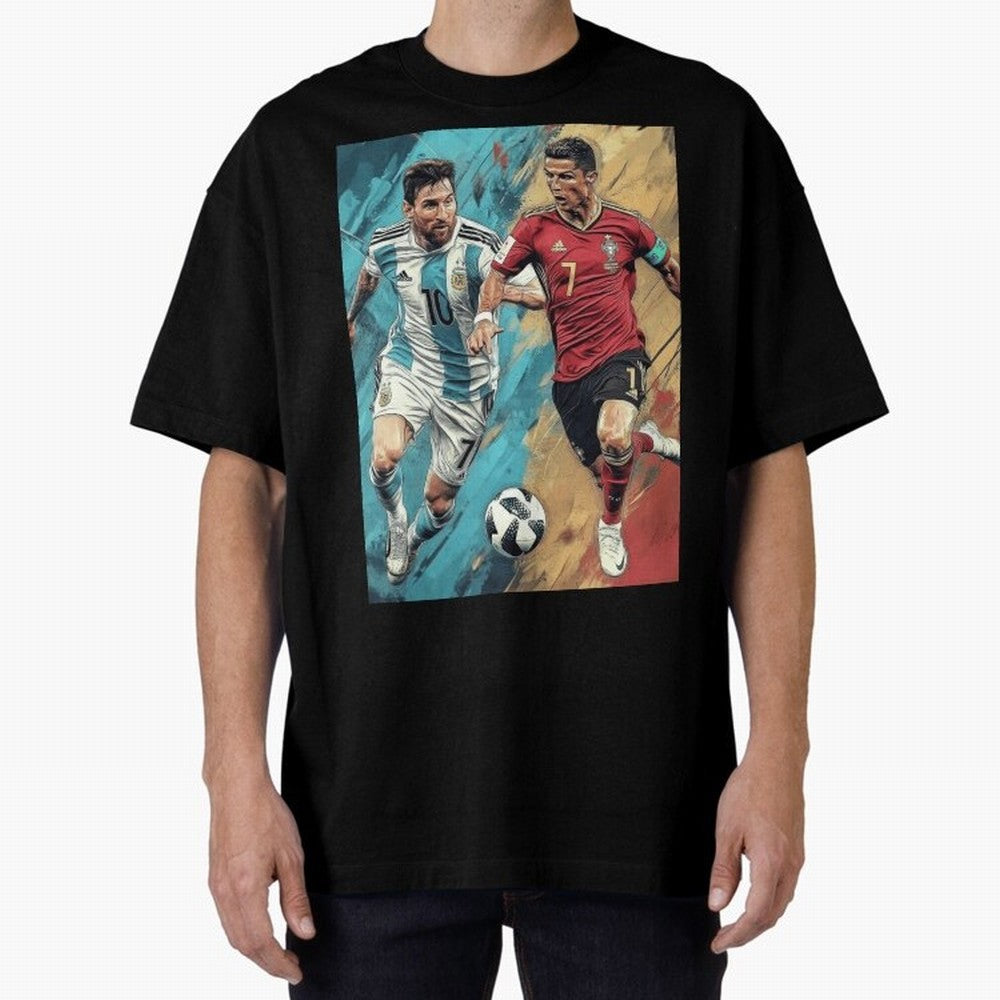 Lionel Messi and Cristiano Ronaldo Oversized T-Shirt Show Match Day Excitement for Global Football Passion for FIFA World Cup 2026, Highlighting Messi, Germany, Goal Celebration Energy, Supporter Heritage, Football Icons and Worldwide Tournament