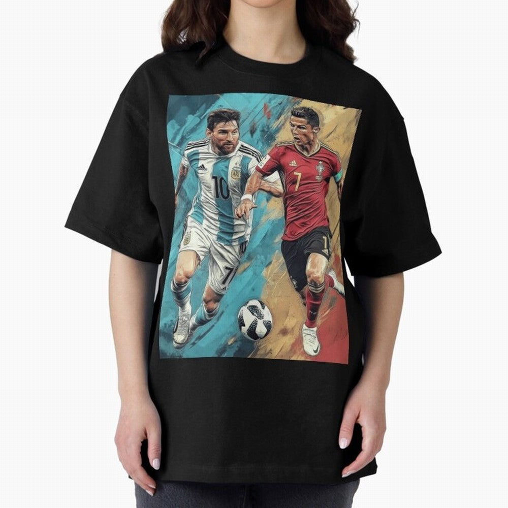 Lionel Messi and Cristiano Ronaldo Oversized T-Shirt Show Match Day Excitement for Global Football Passion for FIFA World Cup 2026, Highlighting Messi, Germany, Goal Celebration Energy, Supporter Heritage, Football Icons and Worldwide Tournament