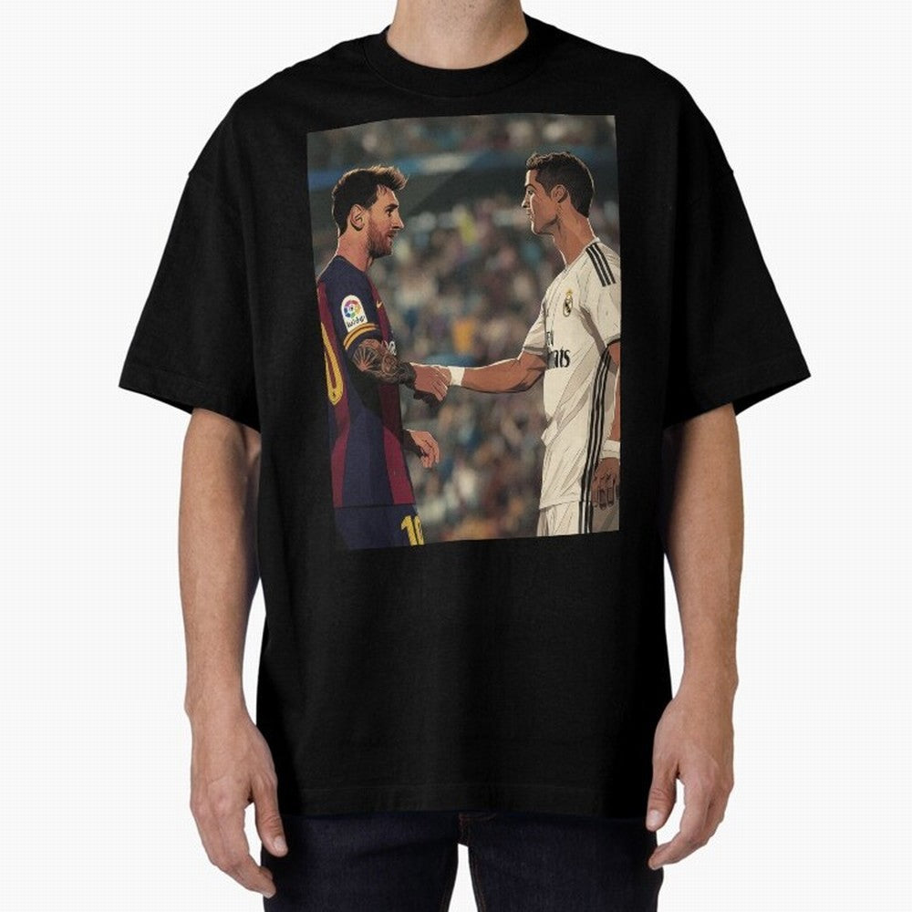 Lionel Messi and Cristiano Ronaldo Oversized T-Shirt Carry National Pride through Match Day Hype around FIFA World Cup 2026, Messi and Cristiano Ronaldo, France, Championship Spirit, Famous Goals, Roaring Crowds and International Football Unity;
