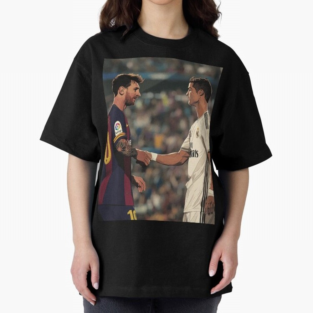 Lionel Messi and Cristiano Ronaldo Oversized T-Shirt Carry National Pride through Match Day Hype around FIFA World Cup 2026, Messi and Cristiano Ronaldo, France, Championship Spirit, Famous Goals, Roaring Crowds and International Football Unity;