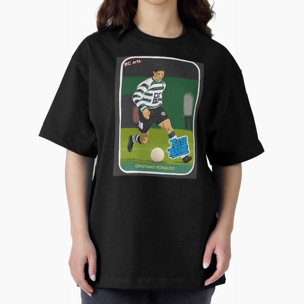 Sporting Lisbon Cristiano Ronaldo Rookie Card Artwork Oversized T-Shirt Make Game Day About the FIFA World Cup 2026 USA Canada Mexico Journey through Haaland and Mbappe Highlights, Argentina Pride, Vintage Soccer Flavor, Modern Football Stars,