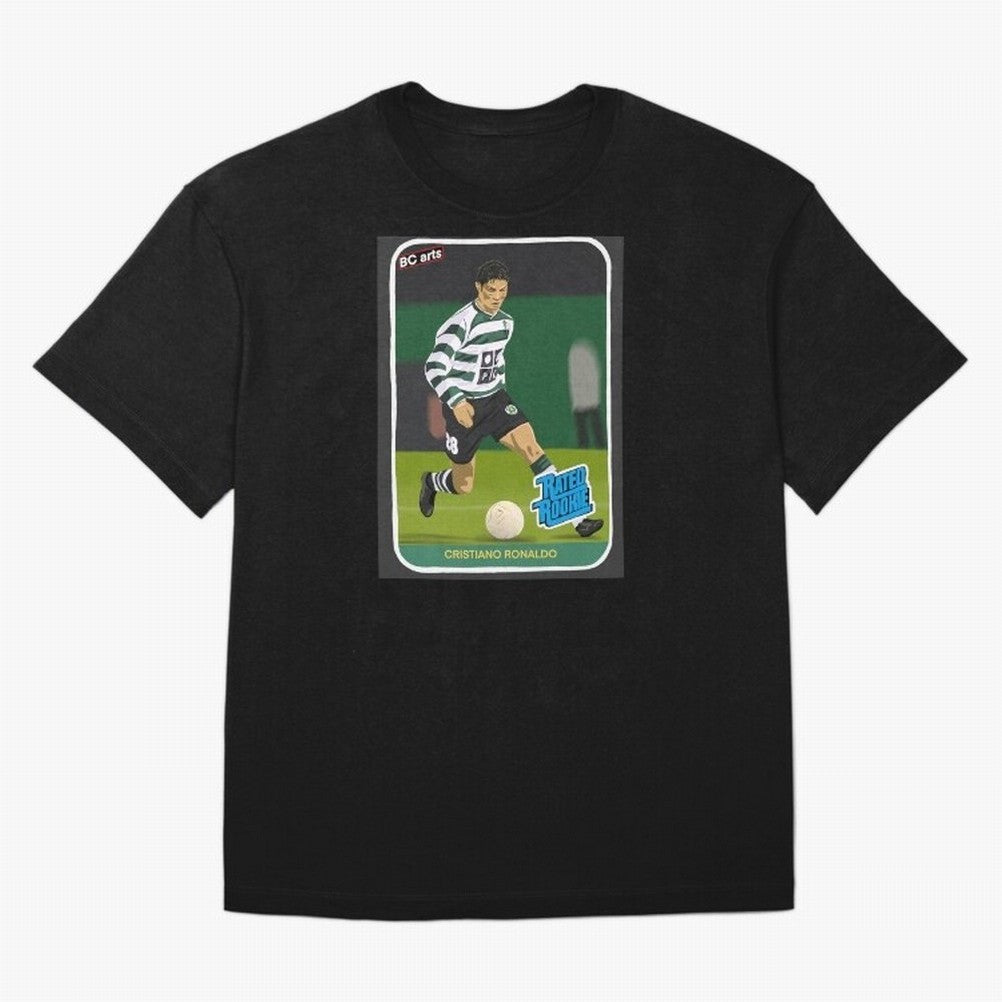 Sporting Lisbon Cristiano Ronaldo Rookie Card Artwork Oversized T-Shirt Make Game Day About the FIFA World Cup 2026 USA Canada Mexico Journey through Haaland and Mbappe Highlights, Argentina Pride, Vintage Soccer Flavor, Modern Football Stars,