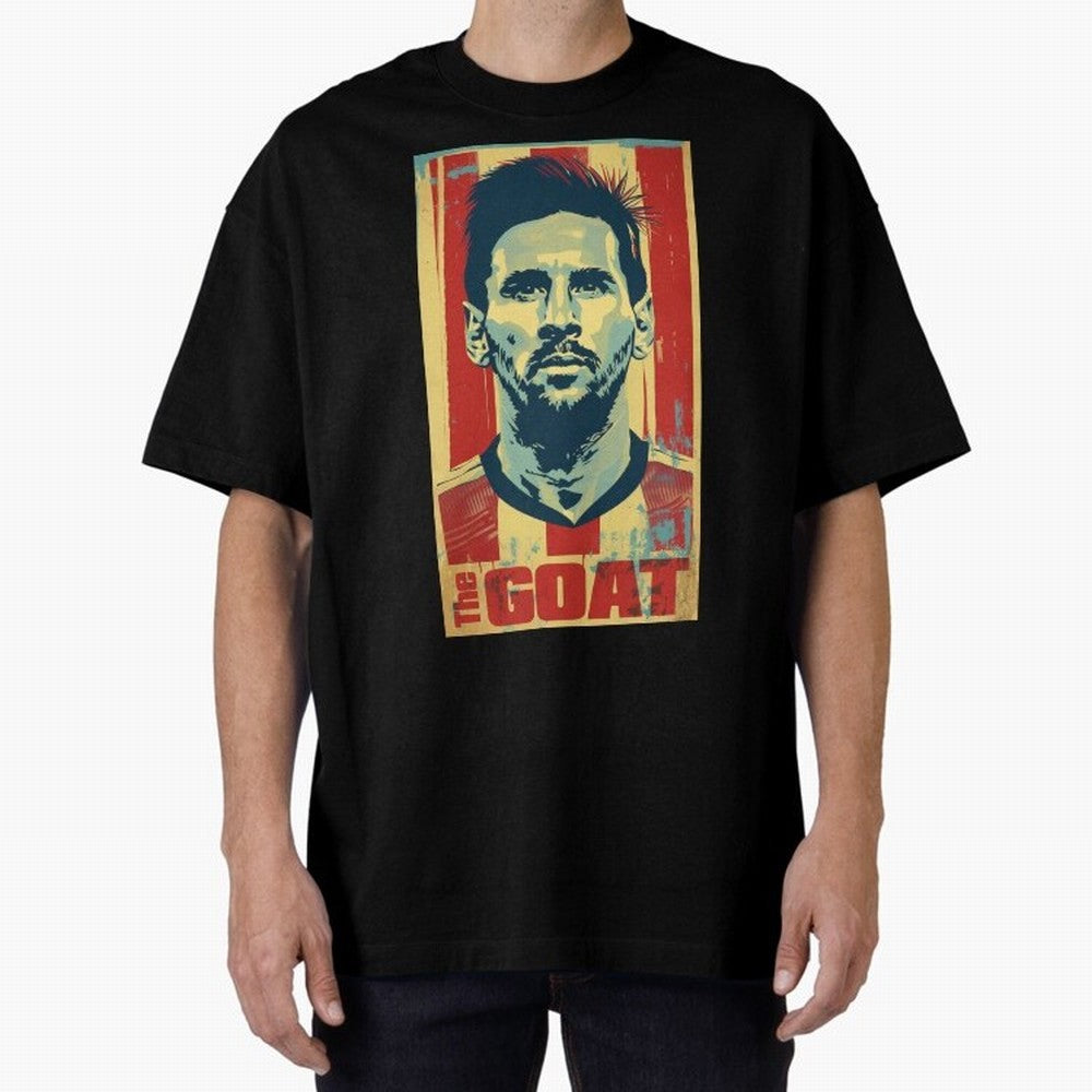 Messi The GOAT Graphic poster design Oversized T-Shirt Show Your Stadium Side during the FIFA World Cup 2026 USA Canada Mexico Journey through Messi Highlights, Spain Pride, Championship Spirit, Famous Goals, Roaring Crowds and International
