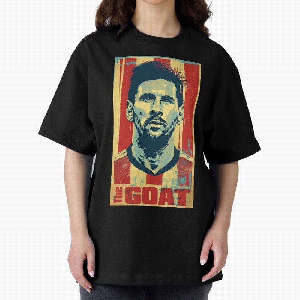 Messi The GOAT Graphic poster design Oversized T-Shirt Show Your Stadium Side during the FIFA World Cup 2026 USA Canada Mexico Journey through Messi Highlights, Spain Pride, Championship Spirit, Famous Goals, Roaring Crowds and International