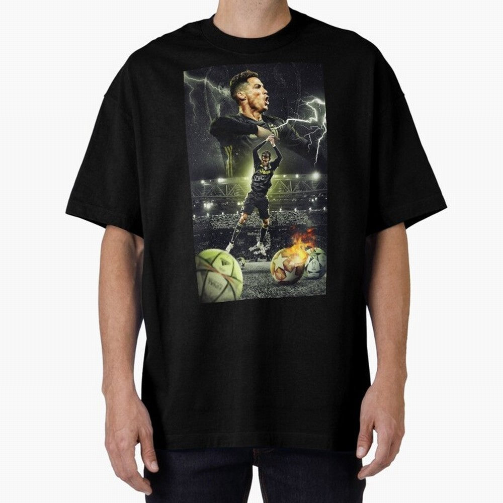 Ronaldo Illustration Oversized T-Shirt Celebrate the Road through Global Football Passion for FIFA World Cup 2026 Group Stage, Inspired by Messi and Cristiano Ronaldo, Brazil, Portugal and Argentina, Vintage Soccer Flavor, Modern Football Stars,