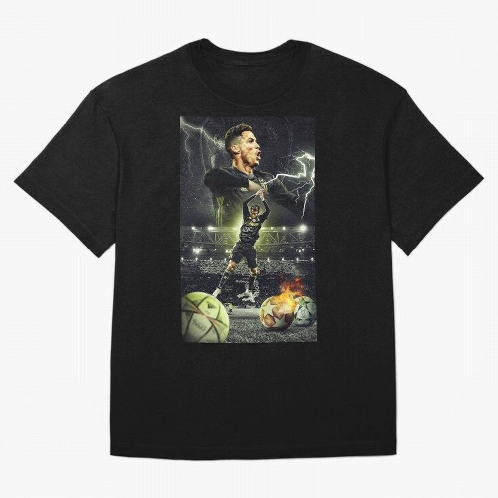 Ronaldo Illustration Oversized T-Shirt Celebrate the Road through Global Football Passion for FIFA World Cup 2026 Group Stage, Inspired by Messi and Cristiano Ronaldo, Brazil, Portugal and Argentina, Vintage Soccer Flavor, Modern Football Stars,