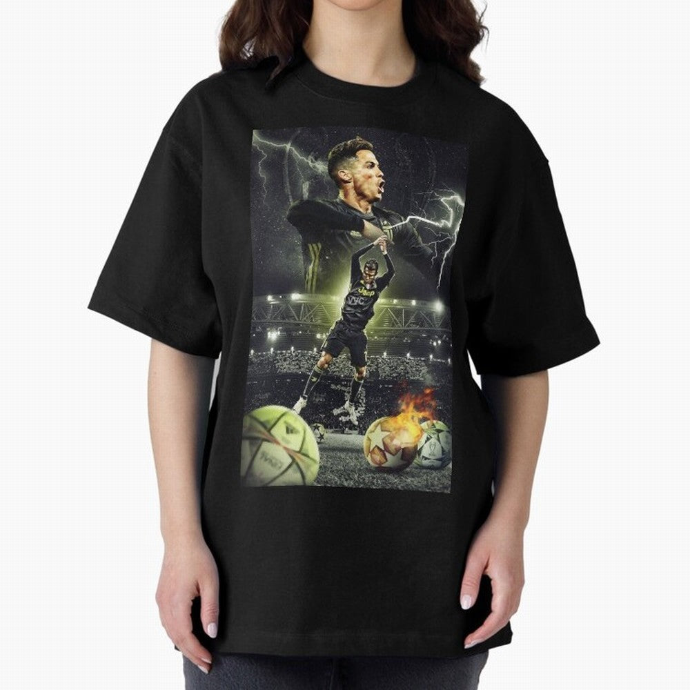 Ronaldo Illustration Oversized T-Shirt Celebrate the Road through Global Football Passion for FIFA World Cup 2026 Group Stage, Inspired by Messi and Cristiano Ronaldo, Brazil, Portugal and Argentina, Vintage Soccer Flavor, Modern Football Stars,