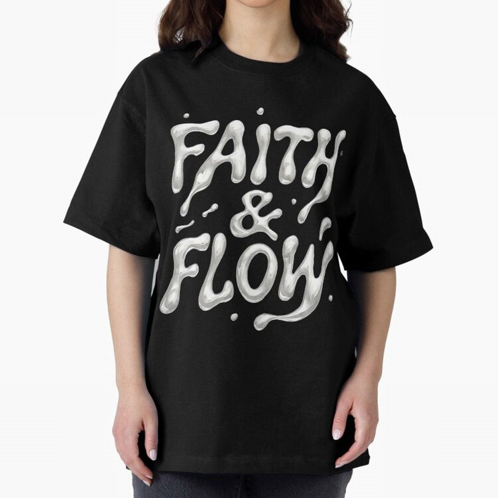 FAITH & FLOW - Liquid Chrome Typography - Urban Christian Oversized T-Shirt Capture Stadium Memories from FIFA World Cup 2026 USA Canada Mexico for Fans of Messi and Cristiano Ronaldo and England, Bringing Supporter Pride, Iconic Celebrations,