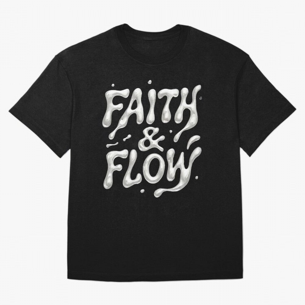 FAITH & FLOW - Liquid Chrome Typography - Urban Christian Oversized T-Shirt Capture Stadium Memories from FIFA World Cup 2026 USA Canada Mexico for Fans of Messi and Cristiano Ronaldo and England, Bringing Supporter Pride, Iconic Celebrations,