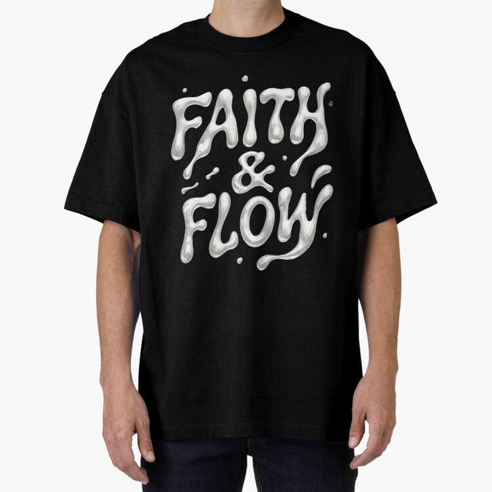 FAITH & FLOW - Liquid Chrome Typography - Urban Christian Oversized T-Shirt Capture Stadium Memories from FIFA World Cup 2026 USA Canada Mexico for Fans of Messi and Cristiano Ronaldo and England, Bringing Supporter Pride, Iconic Celebrations,