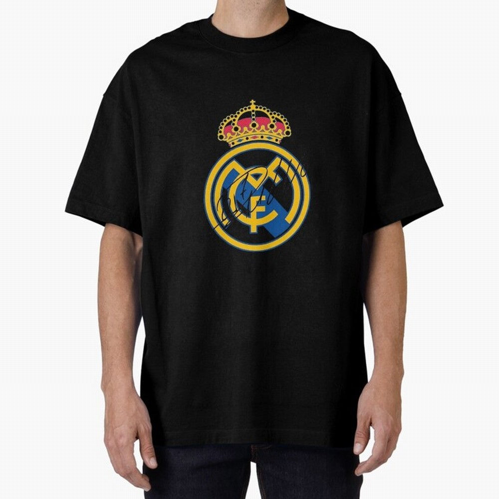 Real Madrid C.F. crest with Cristiano Ronaldo's autograph Oversized T-Shirt Bring Retro Soccer Energy to the FIFA World Cup 2026 Journey through Messi and Cristiano Ronaldo Highlights, Spain Pride, Worldwide Fan Energy, Dramatic Goals, Stadium