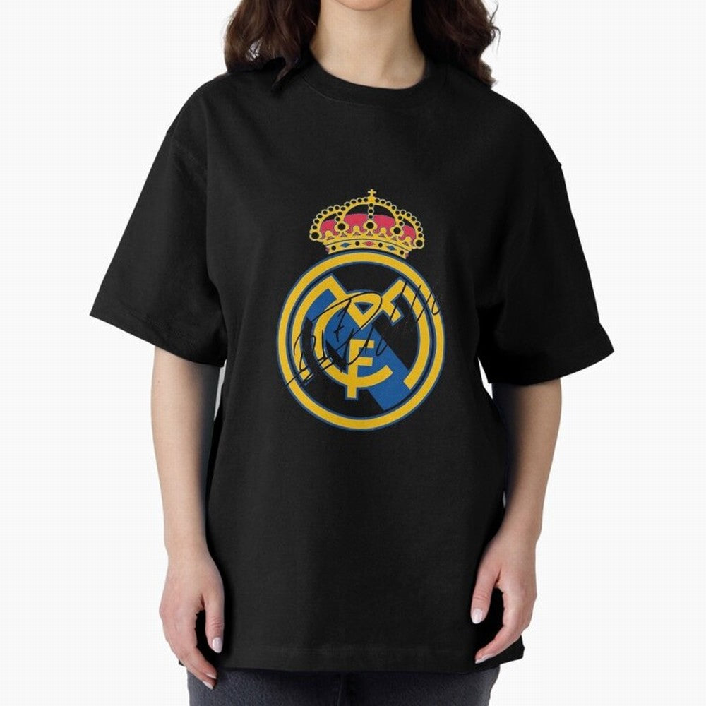 Real Madrid C.F. crest with Cristiano Ronaldo's autograph Oversized T-Shirt Bring Retro Soccer Energy to the FIFA World Cup 2026 Journey through Messi and Cristiano Ronaldo Highlights, Spain Pride, Worldwide Fan Energy, Dramatic Goals, Stadium
