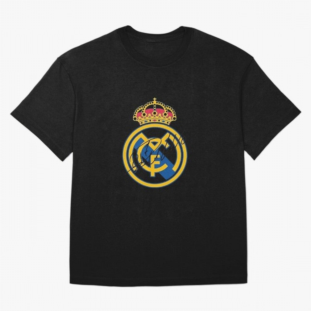 Real Madrid C.F. crest with Cristiano Ronaldo's autograph Oversized T-Shirt Bring Retro Soccer Energy to the FIFA World Cup 2026 Journey through Messi and Cristiano Ronaldo Highlights, Spain Pride, Worldwide Fan Energy, Dramatic Goals, Stadium