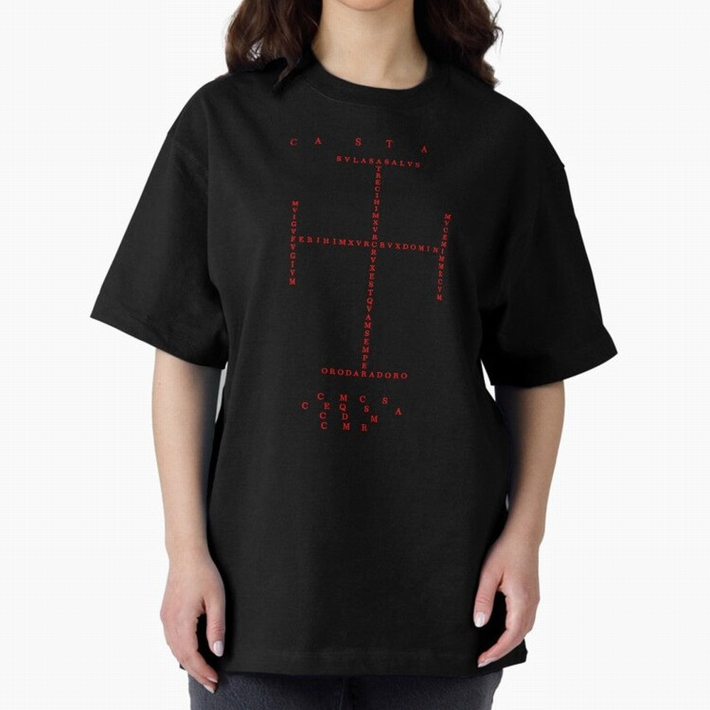 Cruz Ang¨¦lica de Santo Tom¨¢s de Aquino Black n Red Oversized T-Shirt Celebrate the Road through FIFA World Cup 2026 Group Stage Capturing Mbappe, Spain Energy, Retro Football Energy, Iconic Rivalries, Trophy Chase Drama and Stadium Atmosphere;