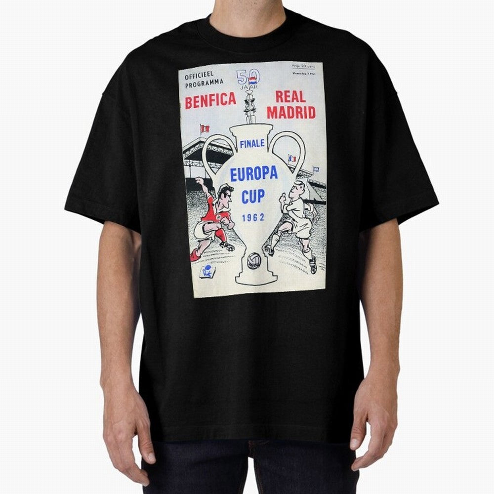 Vintage Champions League Final Poster - Real Madrid vs Benfica Oversized T-Shirt Turn Up for FIFA World Cup 2026 USA Canada Mexico for Fans of Neymar, Haaland and Cristiano Ronaldo and Argentina and Brazil, Bringing Classic Soccer Heritage,