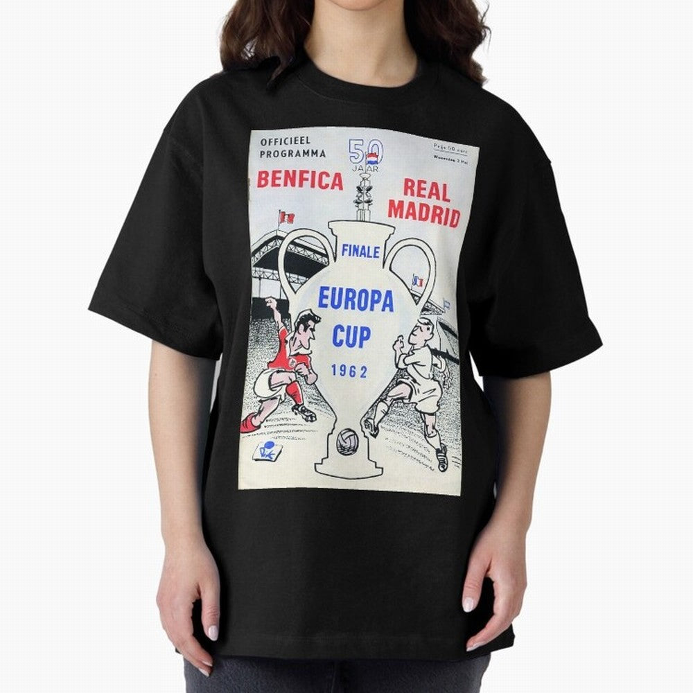 Vintage Champions League Final Poster - Real Madrid vs Benfica Oversized T-Shirt Turn Up for FIFA World Cup 2026 USA Canada Mexico for Fans of Neymar, Haaland and Cristiano Ronaldo and Argentina and Brazil, Bringing Classic Soccer Heritage,