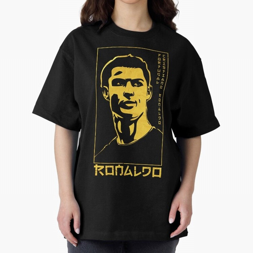 Ronaldo Golden Style Portrait art illustration Oversized T-Shirt Bring Home Match Day Hype around FIFA World Cup 2026 USA Canada Mexico, Neymar, Haaland and Cristiano Ronaldo, Spain, Classic Soccer Heritage, Championship Pressure, Fan Loyalty and