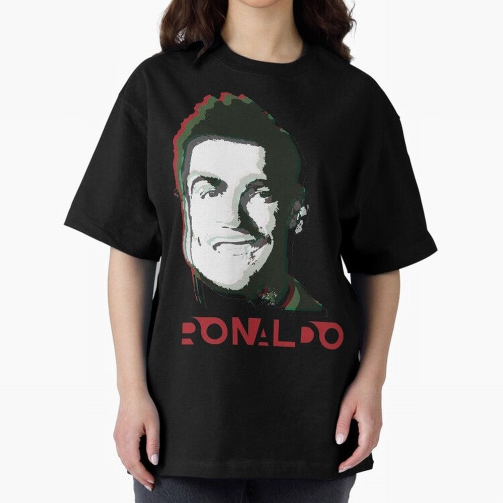 Portugal Football Captain Cristiano Ronaldo 3D Anaglyph Portrait Oversized T-Shirt Show Support during FIFA World Cup 2026 Group Stage for Fans of Cristiano Ronaldo and Brazil, Portugal and Argentina, Bringing Stadium Chants, National Pride, Trophy