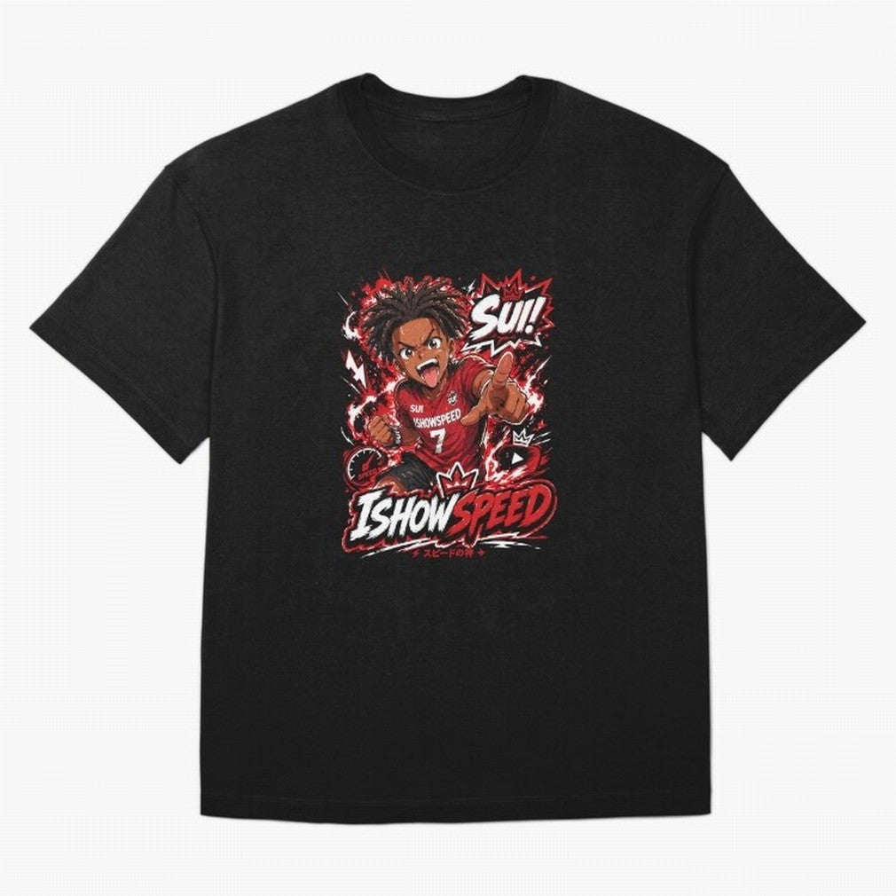 I Show Speed SUI Anime poster | Hype art Red Black Streewear Oversized T-Shirt Support the Legends of Match Day Hype around FIFA World Cup 2026 Group Stage, CR7, Germany, Worldwide Fan Energy, Dramatic Goals, Stadium Lights and Championship