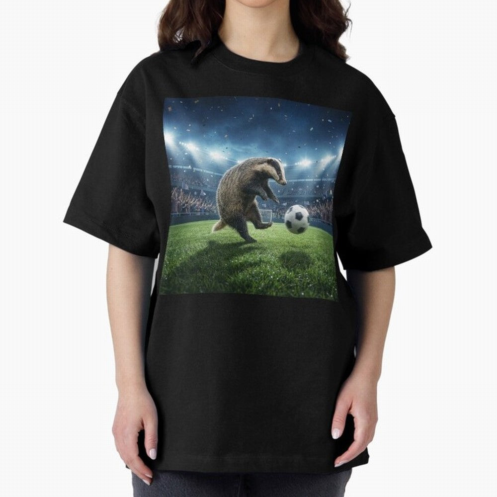 Dynamic Badger Plays Soccer Like Ronaldo Oversized T-Shirt Spotlight FIFA World Cup 2026 USA Canada Mexico Spirit, Capturing France, Neymar, Championship Spirit, Famous Goals, Roaring Crowds and International Football Unity; Built for Supporters
