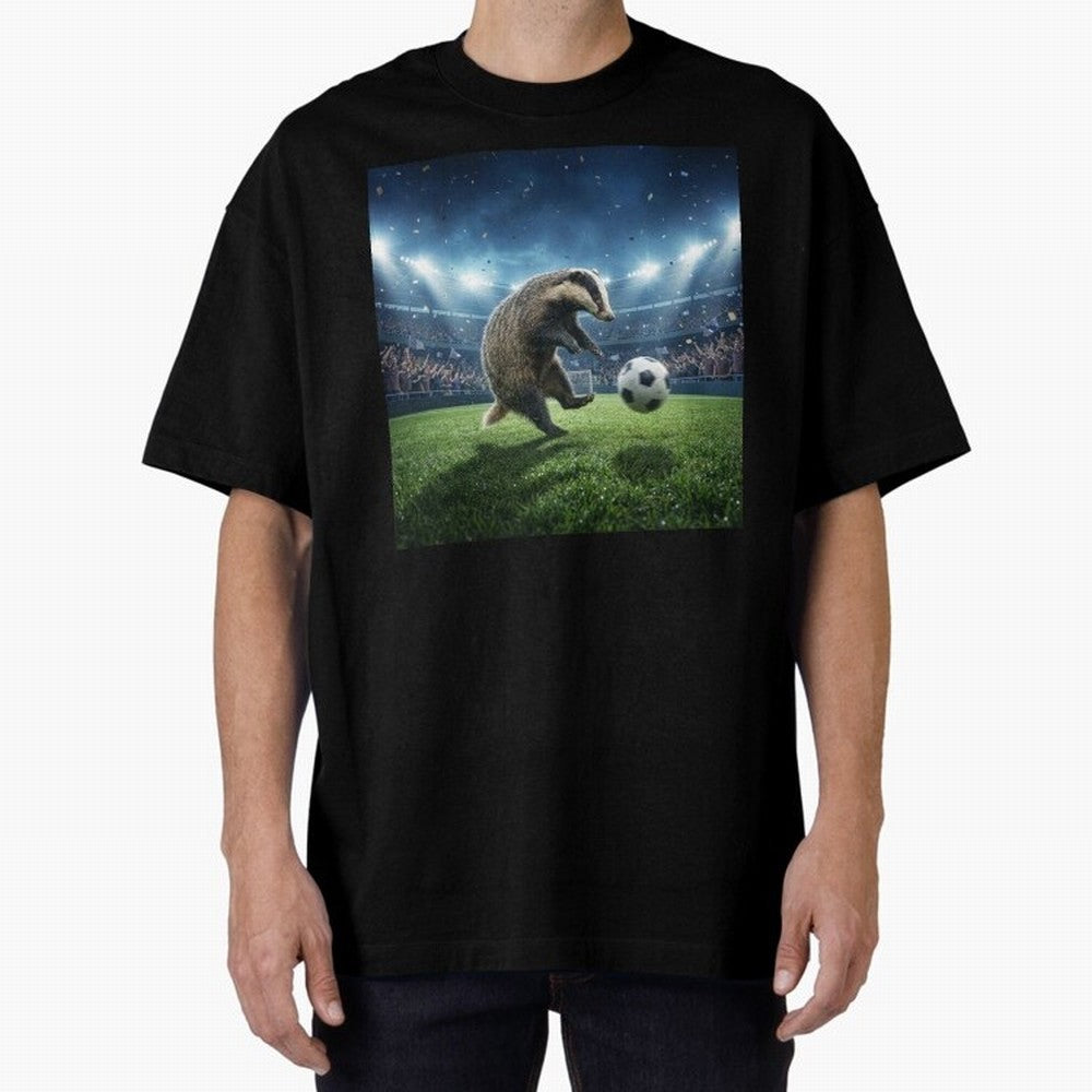 Dynamic Badger Plays Soccer Like Ronaldo Oversized T-Shirt Spotlight FIFA World Cup 2026 USA Canada Mexico Spirit, Capturing France, Neymar, Championship Spirit, Famous Goals, Roaring Crowds and International Football Unity; Built for Supporters