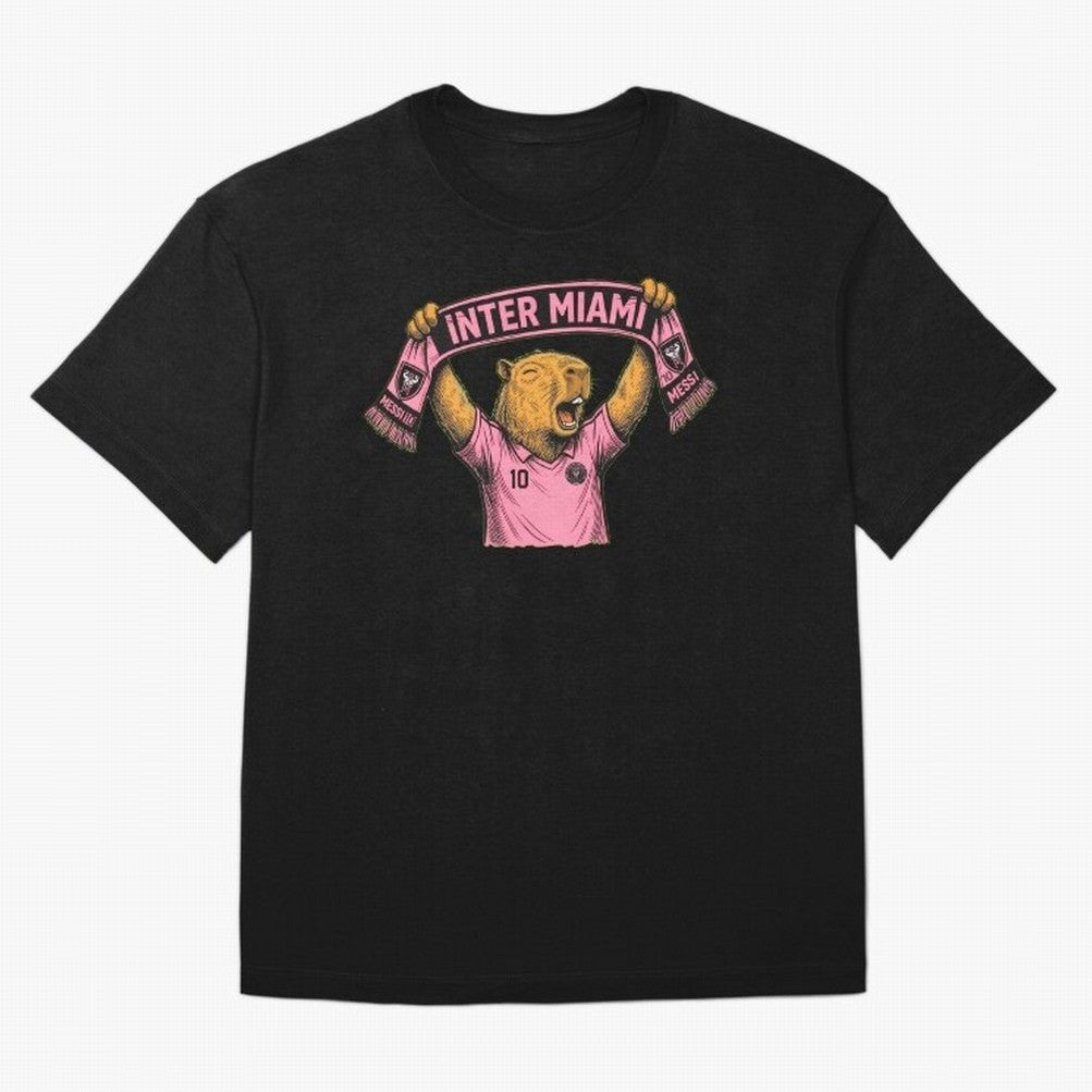Capybara Inter Miami Fan Celebrating ¨C Funny Soccer Illustration with Scarf Oversized T-Shirt Get Ready for Global Football Passion for FIFA World Cup 2026, Highlighting Mbappe, France, Sports Nostalgia, International Competition, Famous Players