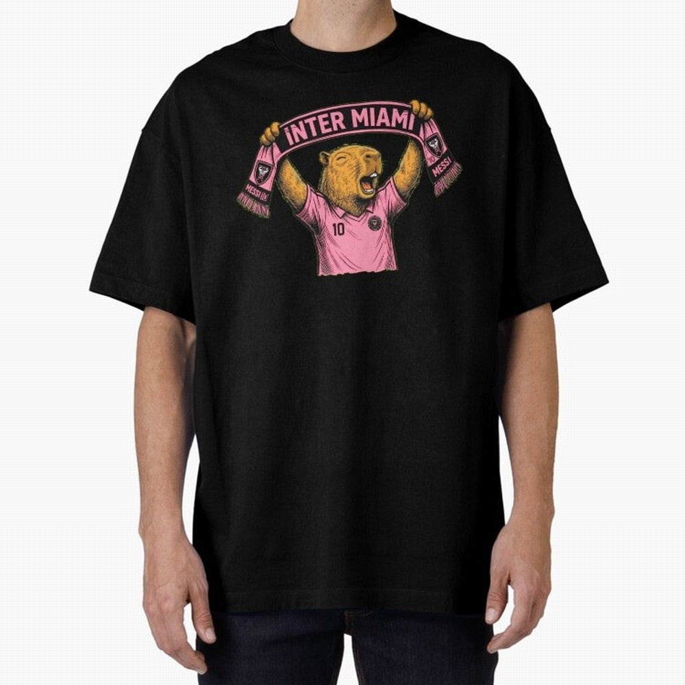 Capybara Inter Miami Fan Celebrating ¨C Funny Soccer Illustration with Scarf Oversized T-Shirt Get Ready for Global Football Passion for FIFA World Cup 2026, Highlighting Mbappe, France, Sports Nostalgia, International Competition, Famous Players