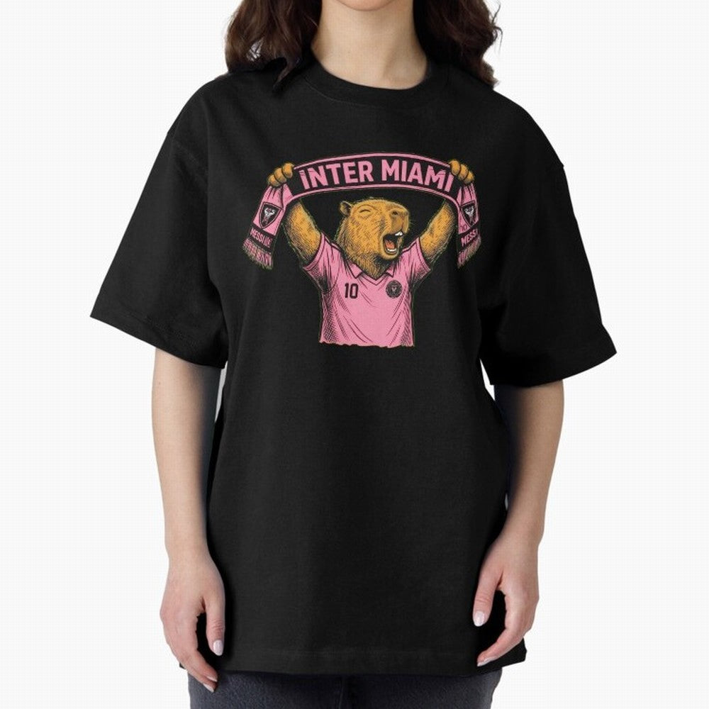 Capybara Inter Miami Fan Celebrating ¨C Funny Soccer Illustration with Scarf Oversized T-Shirt Get Ready for Global Football Passion for FIFA World Cup 2026, Highlighting Mbappe, France, Sports Nostalgia, International Competition, Famous Players