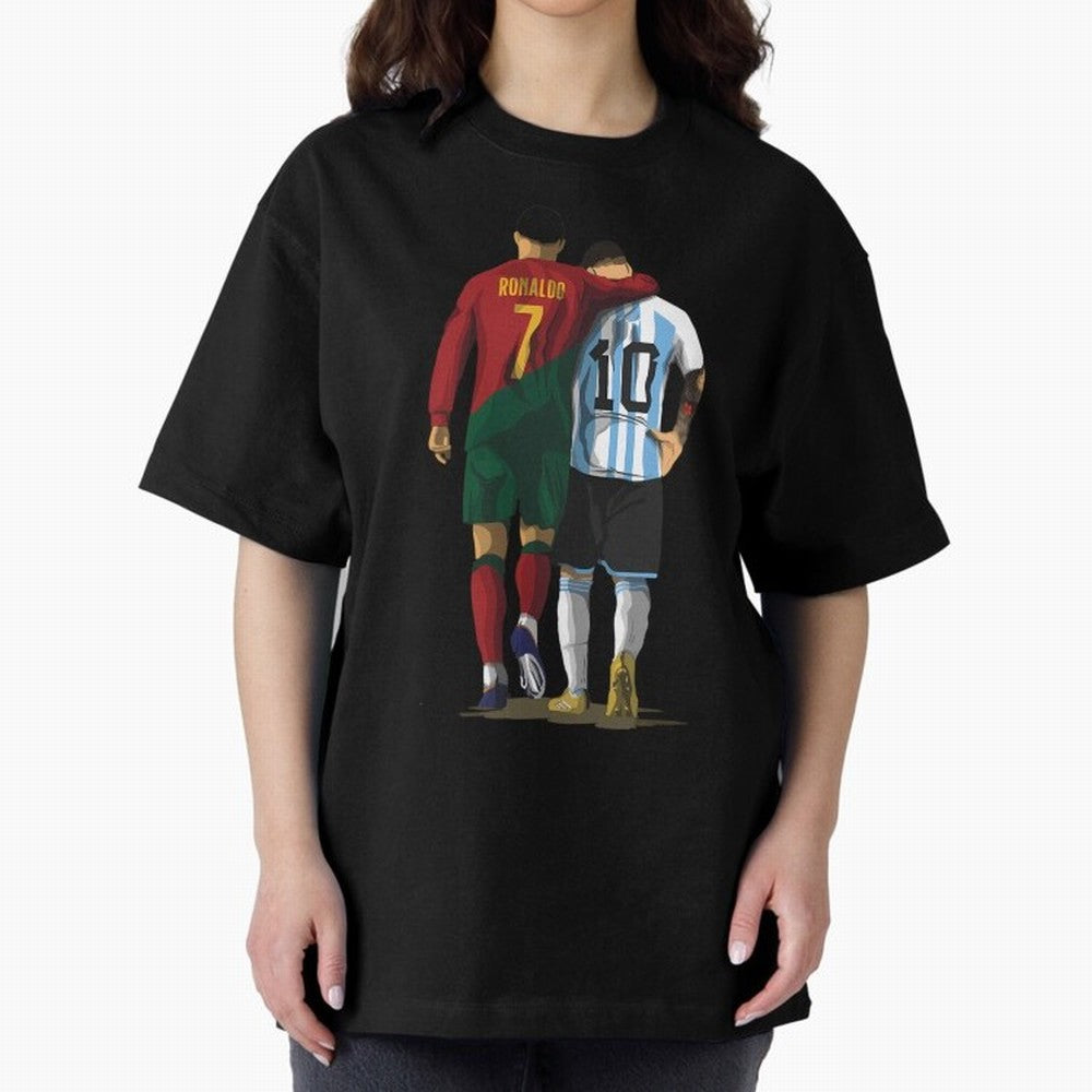 Messi Ronaldo Chit Chat Illustration Oversized T-Shirt Carry National Pride through the FIFA World Cup 2026 Journey through Haaland Highlights, England Pride, Retro Football Energy, Iconic Rivalries, Trophy Chase Drama and Stadium Atmosphere;