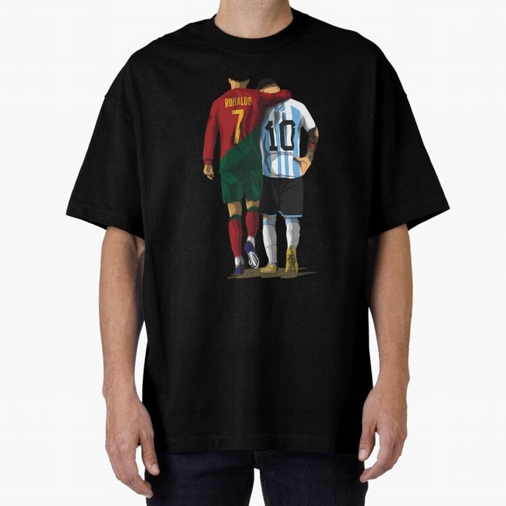 Messi Ronaldo Chit Chat Illustration Oversized T-Shirt Carry National Pride through the FIFA World Cup 2026 Journey through Haaland Highlights, England Pride, Retro Football Energy, Iconic Rivalries, Trophy Chase Drama and Stadium Atmosphere;