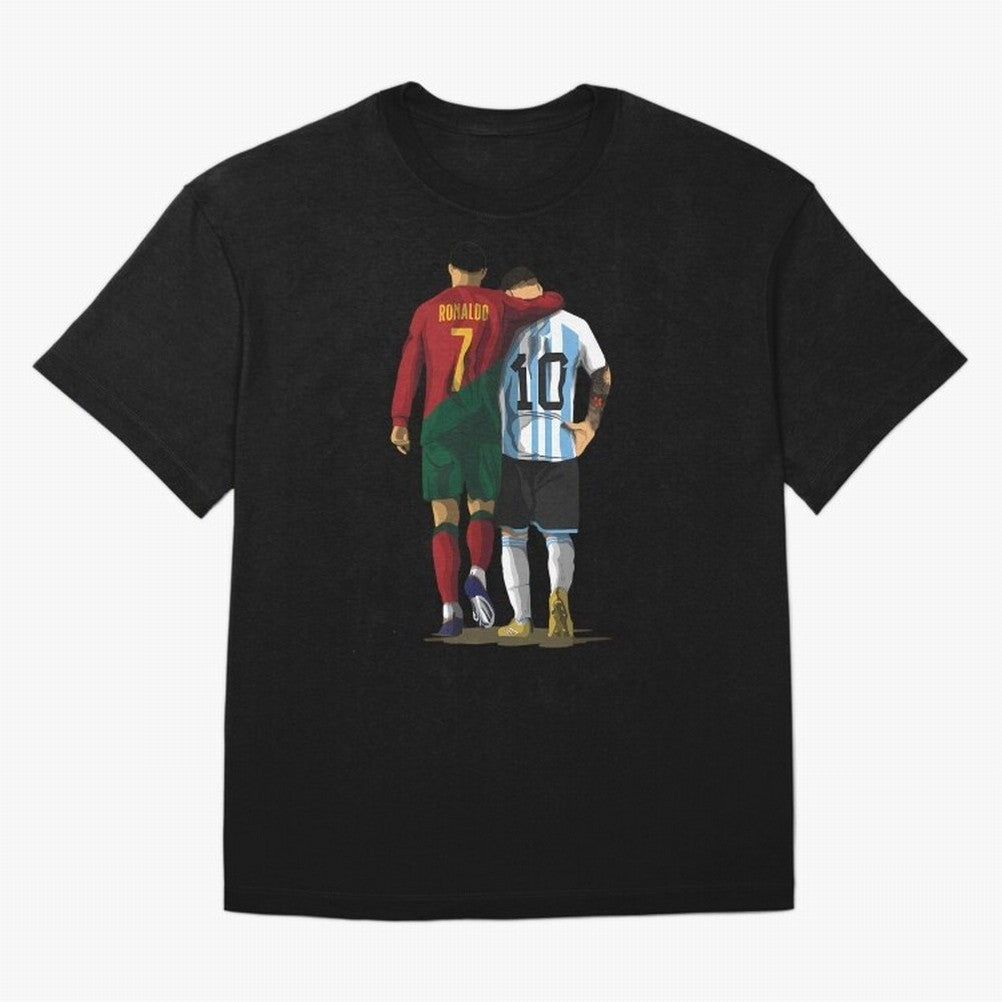 Messi Ronaldo Chit Chat Illustration Oversized T-Shirt Carry National Pride through the FIFA World Cup 2026 Journey through Haaland Highlights, England Pride, Retro Football Energy, Iconic Rivalries, Trophy Chase Drama and Stadium Atmosphere;
