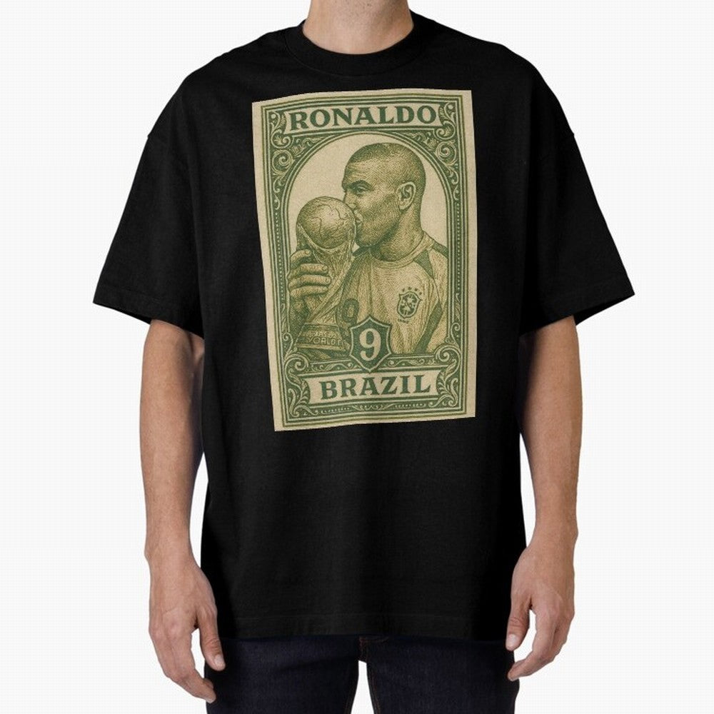 Vintage Brazilian Ronaldo Fenomeno R9 Football Legend Stamp Illustration ¨C Retro Soccer World Cup Art Print Oversized T-Shirt Relive Global Football Passion for FIFA World Cup 2026 Group Stage, Filled with Cristiano Ronaldo, Haaland and CR7,