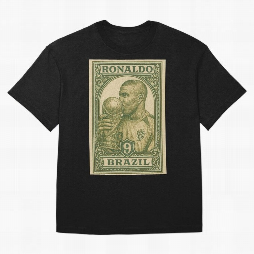 Vintage Brazilian Ronaldo Fenomeno R9 Football Legend Stamp Illustration ¨C Retro Soccer World Cup Art Print Oversized T-Shirt Relive Global Football Passion for FIFA World Cup 2026 Group Stage, Filled with Cristiano Ronaldo, Haaland and CR7,