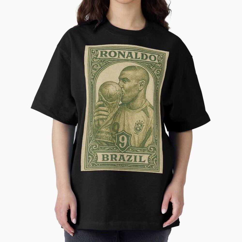 Vintage Brazilian Ronaldo Fenomeno R9 Football Legend Stamp Illustration ¨C Retro Soccer World Cup Art Print Oversized T-Shirt Relive Global Football Passion for FIFA World Cup 2026 Group Stage, Filled with Cristiano Ronaldo, Haaland and CR7,