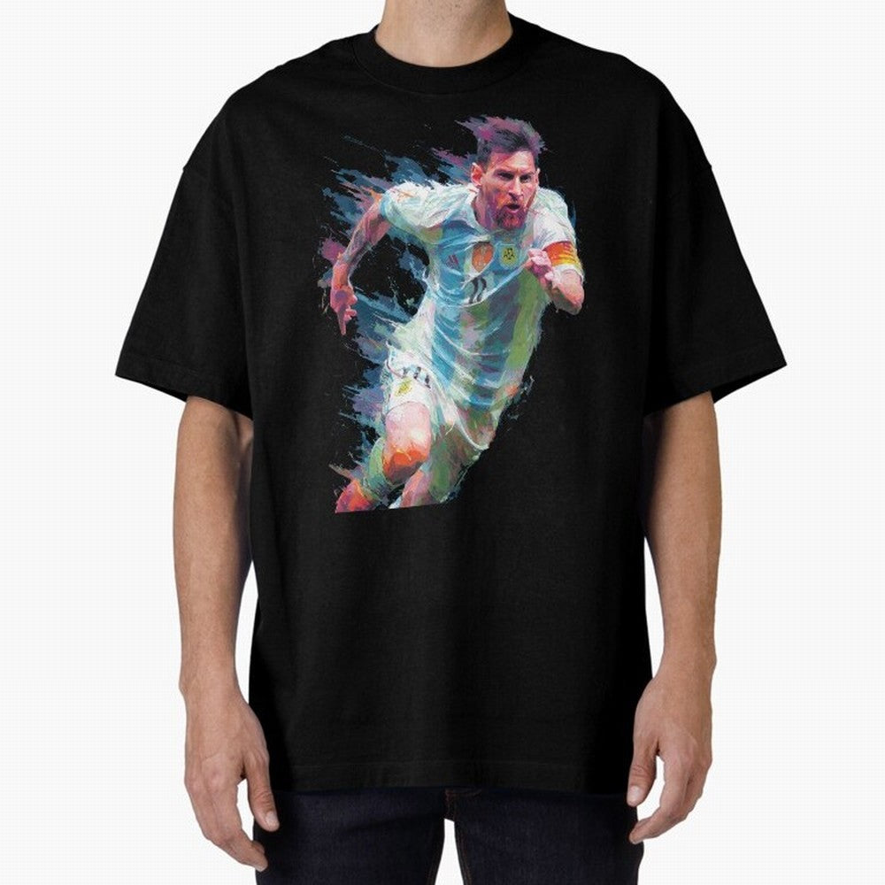 Messi in action Graphic Paint poster design Oversized T-Shirt Share the Excitement of FIFA World Cup 2026 Spirit, Highlighting Portugal, Spain and Germany, Mbappe, Match Day Excitement, Supporter Culture, Golden Goals and Global Football Passion;