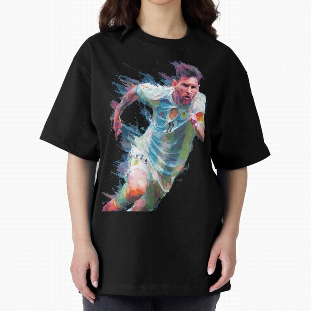 Messi in action Graphic Paint poster design Oversized T-Shirt Share the Excitement of FIFA World Cup 2026 Spirit, Highlighting Portugal, Spain and Germany, Mbappe, Match Day Excitement, Supporter Culture, Golden Goals and Global Football Passion;