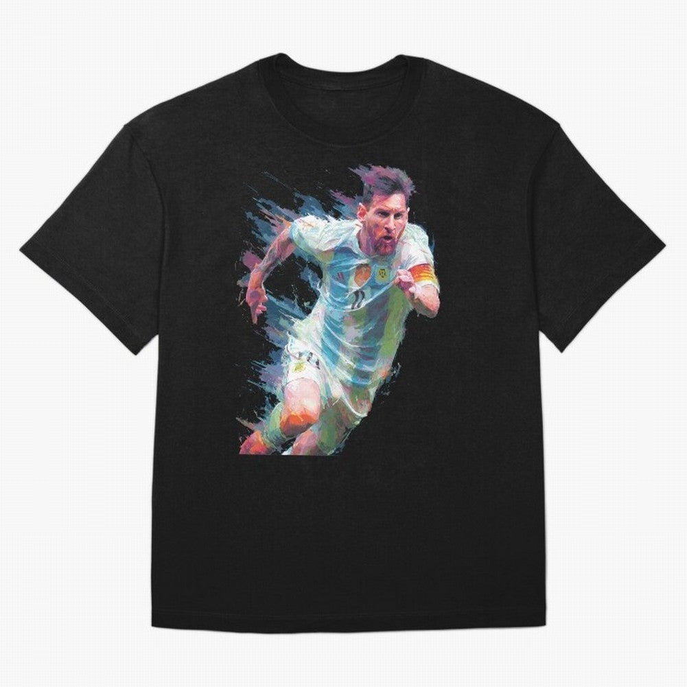 Messi in action Graphic Paint poster design Oversized T-Shirt Share the Excitement of FIFA World Cup 2026 Spirit, Highlighting Portugal, Spain and Germany, Mbappe, Match Day Excitement, Supporter Culture, Golden Goals and Global Football Passion;