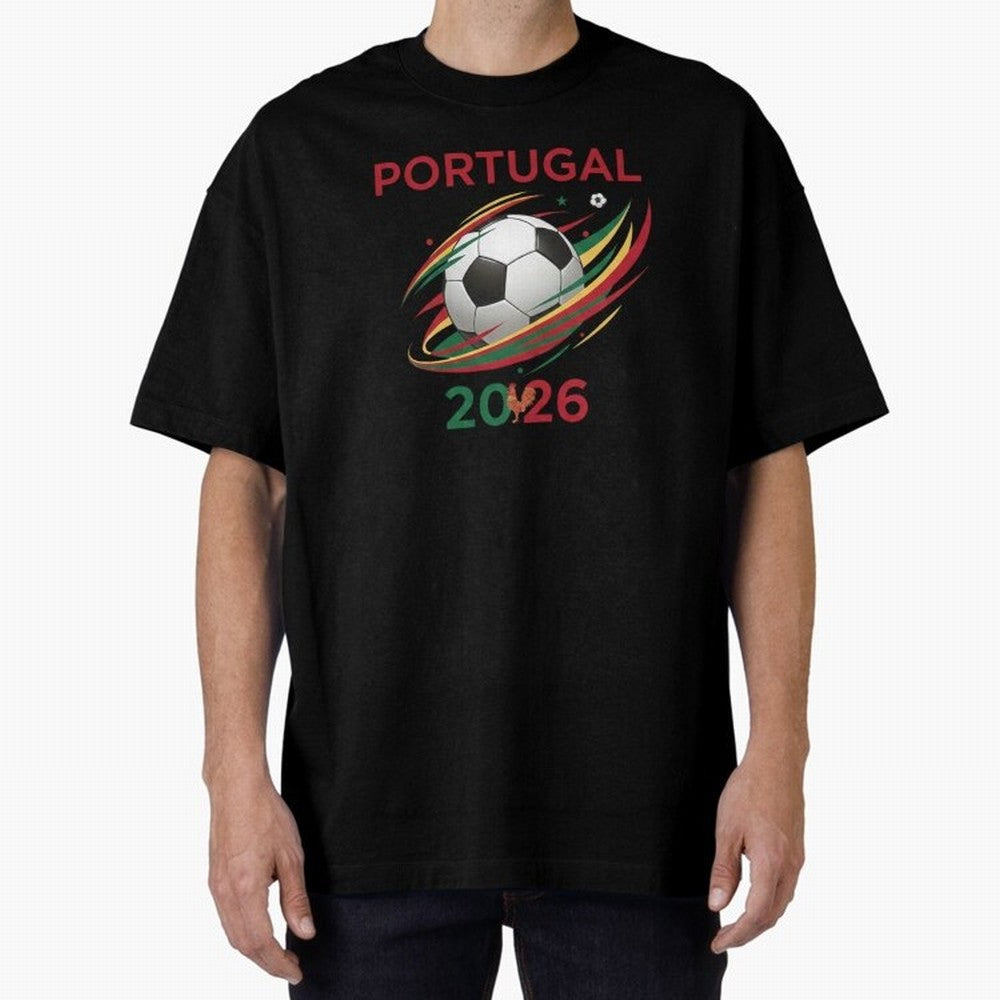 Camiseta Portugal 2026 - Bola de Futebol e Design Galo de Barcelos. Oversized T-Shirt Represent Match Day Hype around FIFA World Cup 2026, Neymar, Netherlands, Champion Mindset, Group Stage Buzz, Knockout Tension and Passionate Fan Culture; Perfect