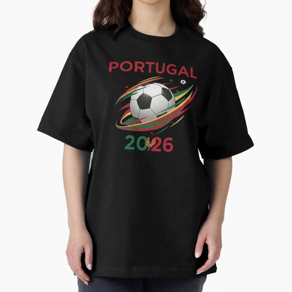Camiseta Portugal 2026 - Bola de Futebol e Design Galo de Barcelos. Oversized T-Shirt Represent Match Day Hype around FIFA World Cup 2026, Neymar, Netherlands, Champion Mindset, Group Stage Buzz, Knockout Tension and Passionate Fan Culture; Perfect