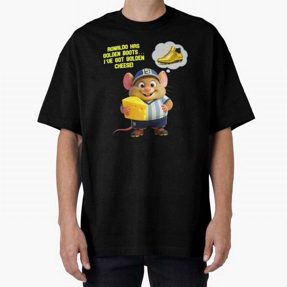 Zippy¡¯s Golden Cheese vs Ronaldo Oversized T-Shirt Celebrate Soccer Greatness during FIFA World Cup 2026 USA Canada Mexico for Fans of Messi, CR7 and Mbappe and Spain and Netherlands, Bringing Retro Football Energy, Iconic Rivalries, Trophy Chase