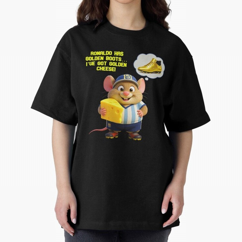 Zippy¡¯s Golden Cheese vs Ronaldo Oversized T-Shirt Celebrate Soccer Greatness during FIFA World Cup 2026 USA Canada Mexico for Fans of Messi, CR7 and Mbappe and Spain and Netherlands, Bringing Retro Football Energy, Iconic Rivalries, Trophy Chase