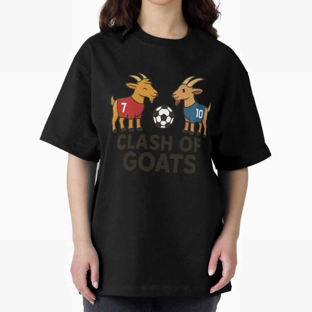 Clash of GOATs ¨C Funny Ronaldo vs Messi Inspired Football T-Shirt Design Oversized T-Shirt Join the Global Buzz around Match Day Hype around FIFA World Cup 2026 Group Stage, Messi and Cristiano Ronaldo, Portugal, Champion Mindset, Group Stage