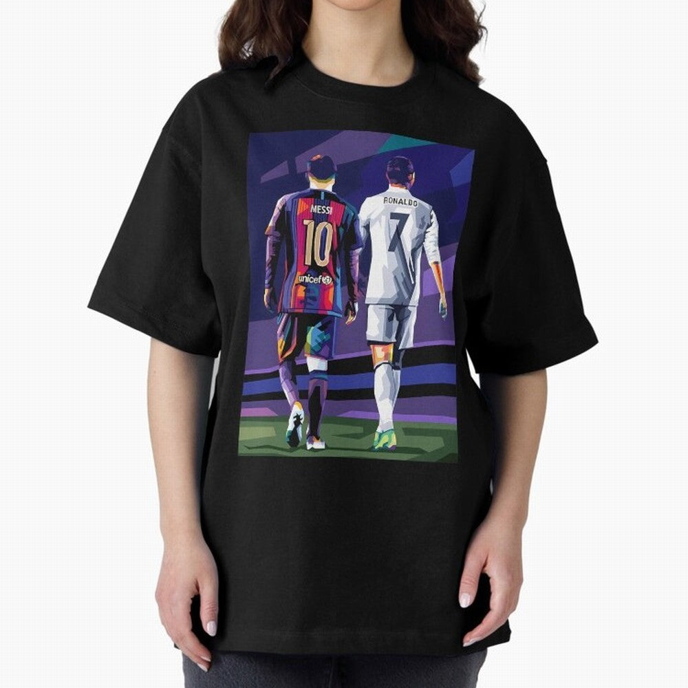 Ronaldo And Messi Oversized T-Shirt Represent Football Lovers during FIFA World Cup 2026 Group Stage for Fans of Neymar and Argentina, Bringing Tournament Hype, Historic Matchups, Family Viewing Parties and Global Sports Pride; Created for Match