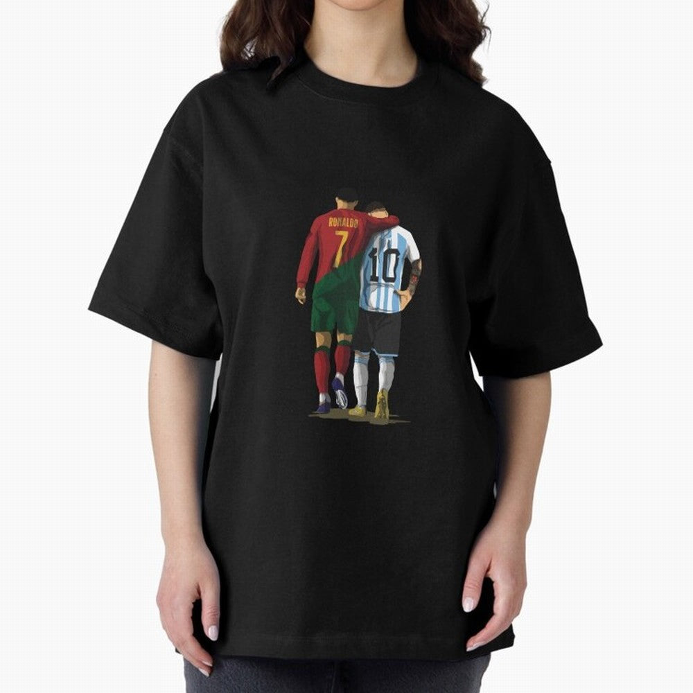 Messi Ronaldo Chit Chat Illustration Classic Oversized T-Shirt Remember Iconic Moments from FIFA World Cup 2026 USA Canada Mexico Spirit, Inspired by England, France and Netherlands, Mbappe and Neymar, Stadium Memories, Football Loyalty,