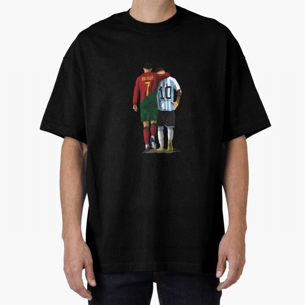 Messi Ronaldo Chit Chat Illustration Classic Oversized T-Shirt Remember Iconic Moments from FIFA World Cup 2026 USA Canada Mexico Spirit, Inspired by England, France and Netherlands, Mbappe and Neymar, Stadium Memories, Football Loyalty,