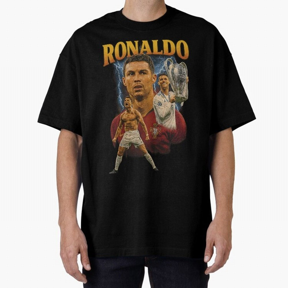 Ronaldo Champion Victory Design For Football Fans Gift For Soccer Supporters Oversized T-Shirt Spotlight Global Football Passion for FIFA World Cup 2026 USA Canada Mexico, with Messi and Cristiano Ronaldo, England, France and Netherlands, Soccer