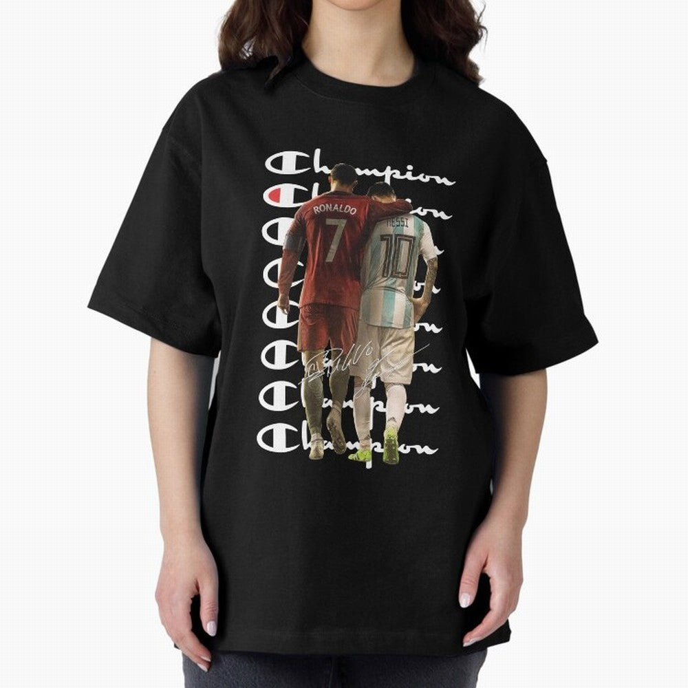Ronaldos And Messis C-C-H-A-M-P-I-O-N-N Oversized T-Shirt Celebrate Golden Goal Energy in FIFA World Cup 2026 for Fans of Haaland and Netherlands, Bringing Championship Spirit, Famous Goals, Roaring Crowds and International Football Unity; Built